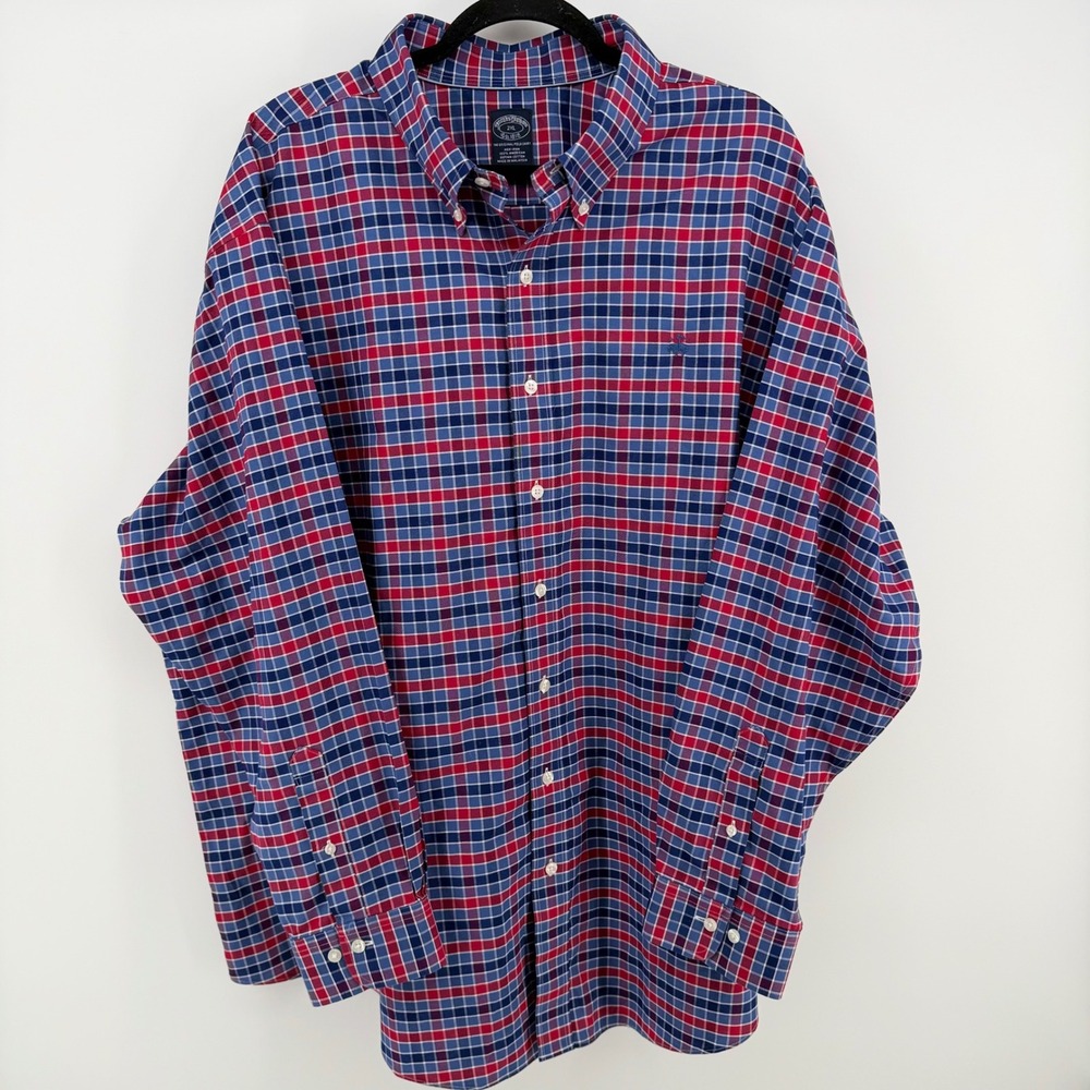 Brooks‎ Brothers 346 Long Sleeve Shirt 2XL Red White Blue Plaid Button Down USA